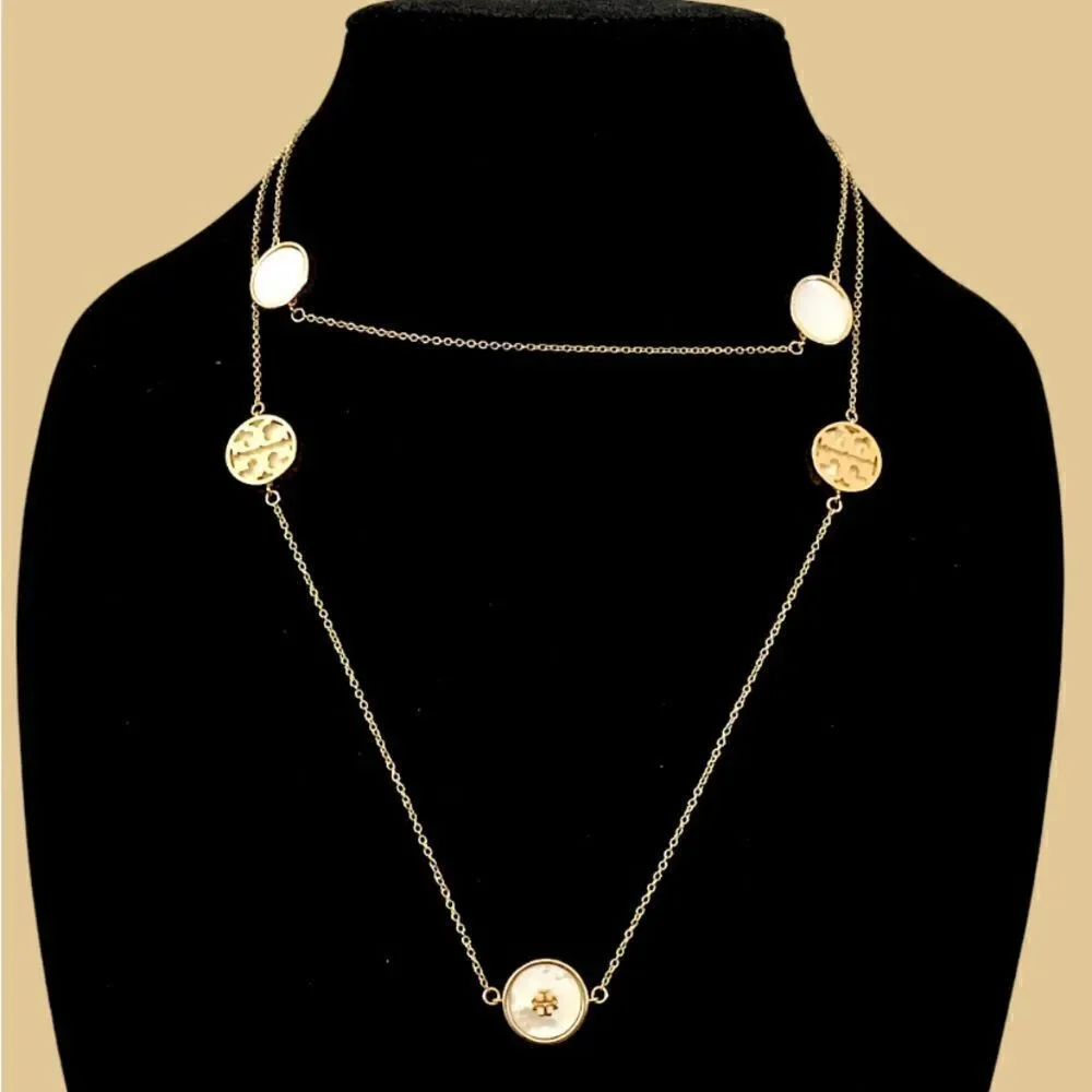 TORY BURCH DOUBLE T LOGO / MOTHER OF PEARL NECKLACE